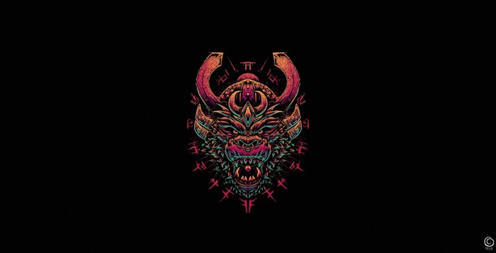 Artwork of a demon-like ape head with horns