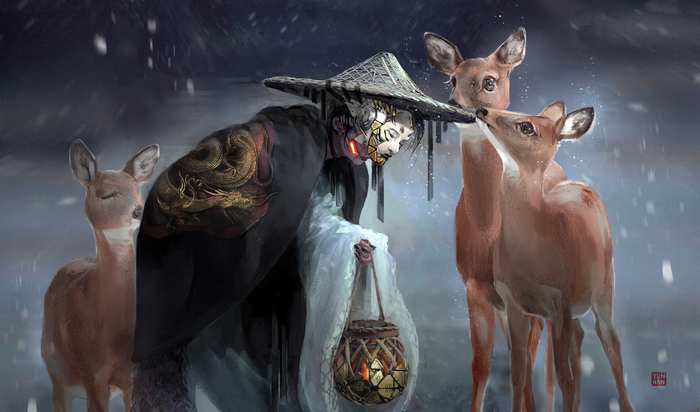Robot in a conical hat with deer in the snow