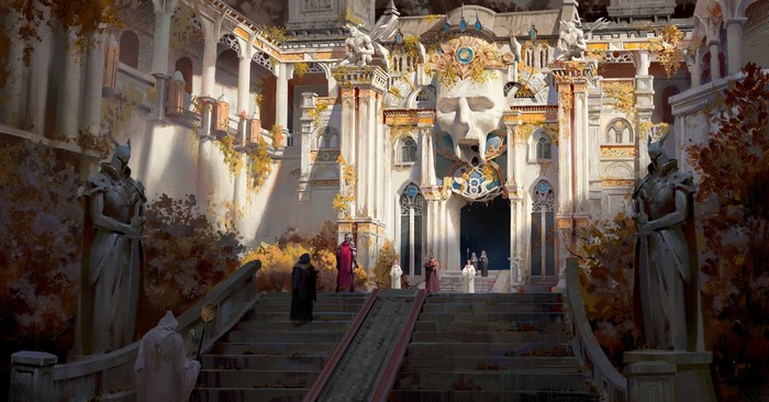 Fantasy palace entrance with statues and figures