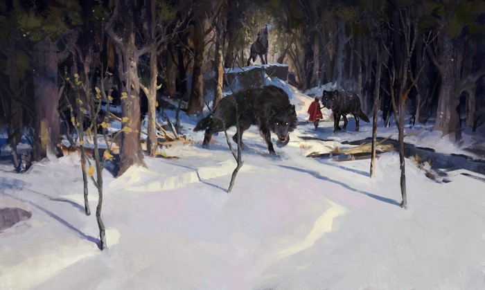 Little Red Riding Hood surrounded by wolves in a snowy forest