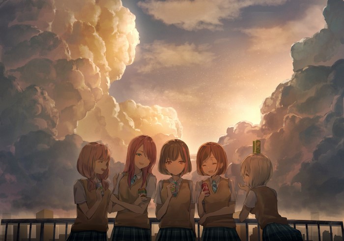 Anime girls from BanG Dream! on a rooftop at sunset