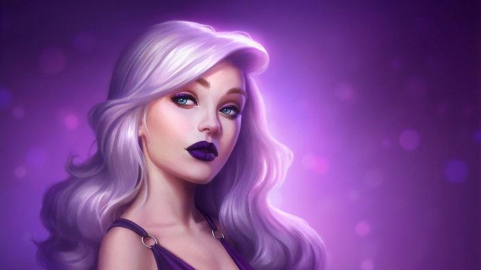 Digital painting of a woman with long purple hair and blue eyes