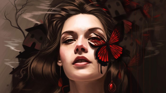 Woman with red butterfly on her face and houses