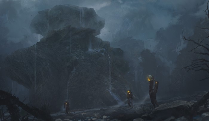 Astronauts exploring a rocky, misty landscape with waterfalls