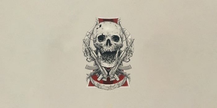 Artwork of a skull with weapons by Vlad Gradobyk