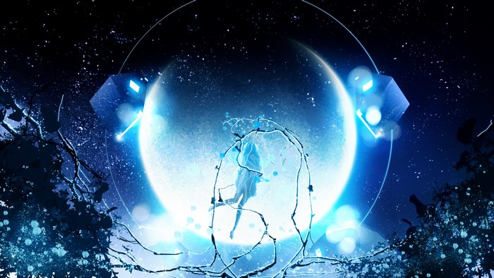 Anime girl in a glowing sphere under a large moon