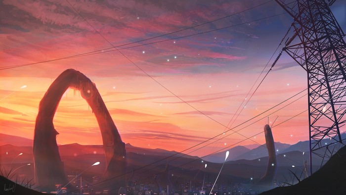 Anime landscape with power lines and strange structures at sunset