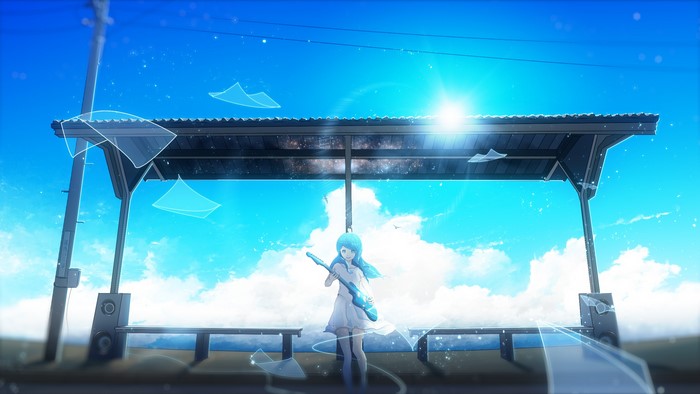 Anime girl with blue hair holding a guitar at a bus stop