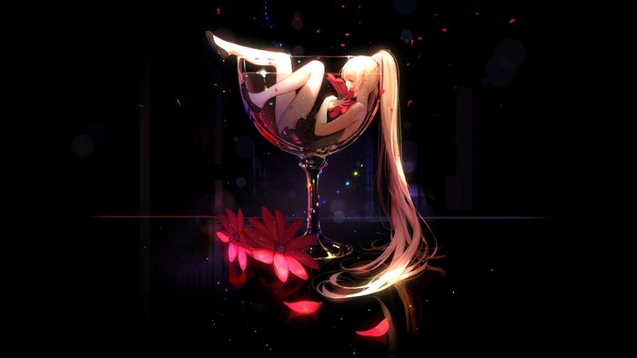 Anime girl with blonde hair in a wine glass