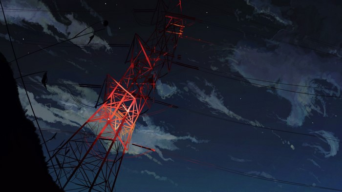 Anime power lines against a cloudy night sky