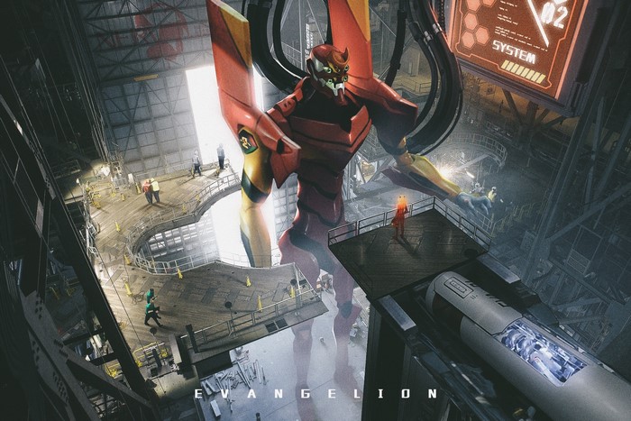 EVA Unit 02 from Neon Genesis Evangelion in a hangar