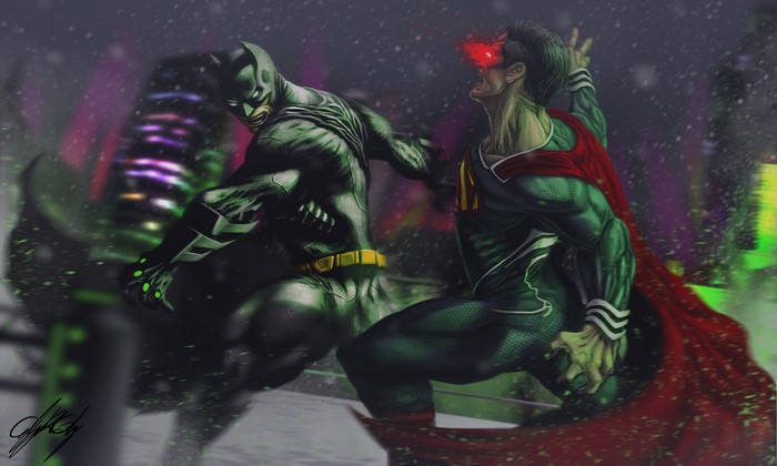 Batman fighting Superman in a city