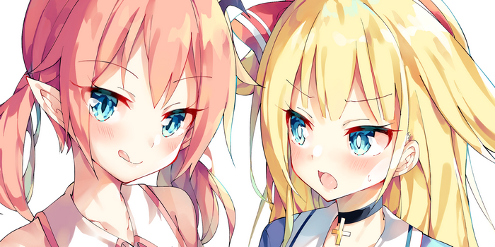 Two anime girls, one with pink hair and elf ears, the other with blonde hair
