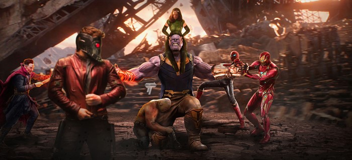 4K Thanos, Dr. Strange, Iron Man, Spider-Man, Star-Lord, Mantis, and Drax from Marvel Cinematic Universe