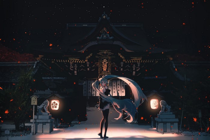 Hatsune Miku at a Japanese Shrine at Night