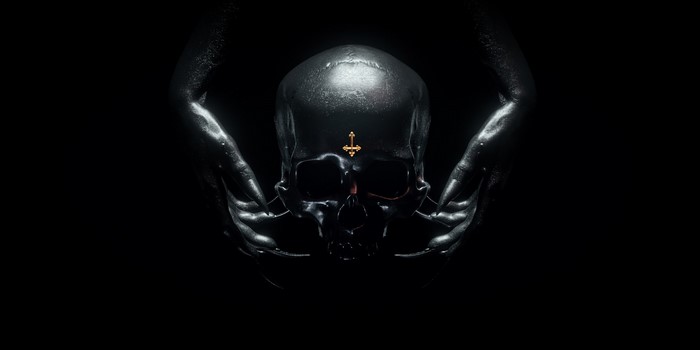 Dark skull with inverted cross and hands