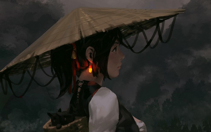 Girl with umbrella and cat, digital art