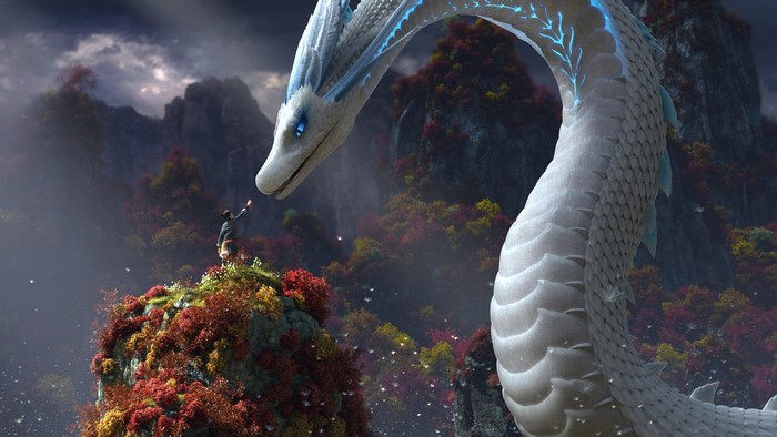 A girl reaches out to a large white dragon