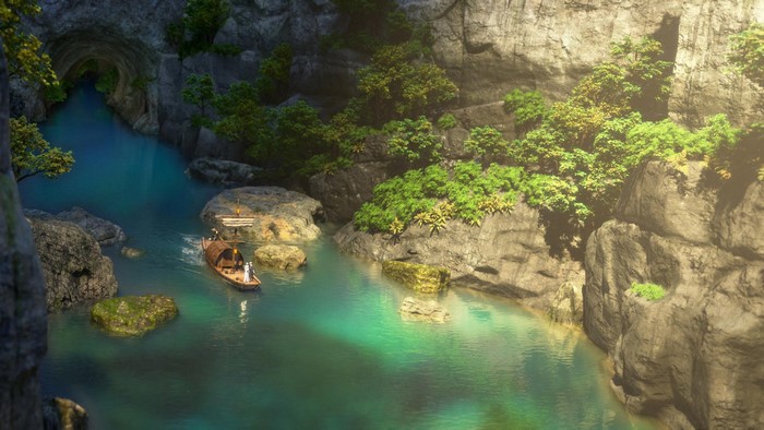Lady White Snake on a boat in a river gorge