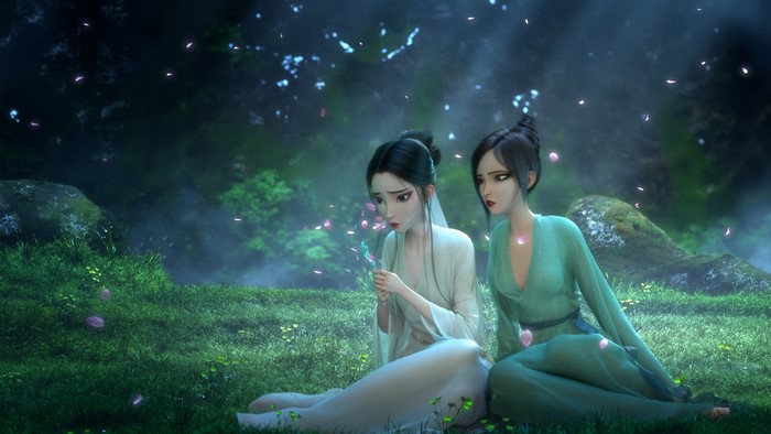 Two anime girls in a forest from Legend of the White Snake