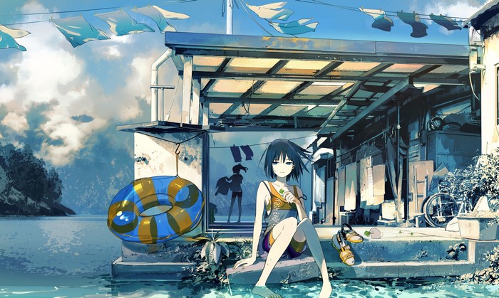Anime girl sitting by the water with laundry drying