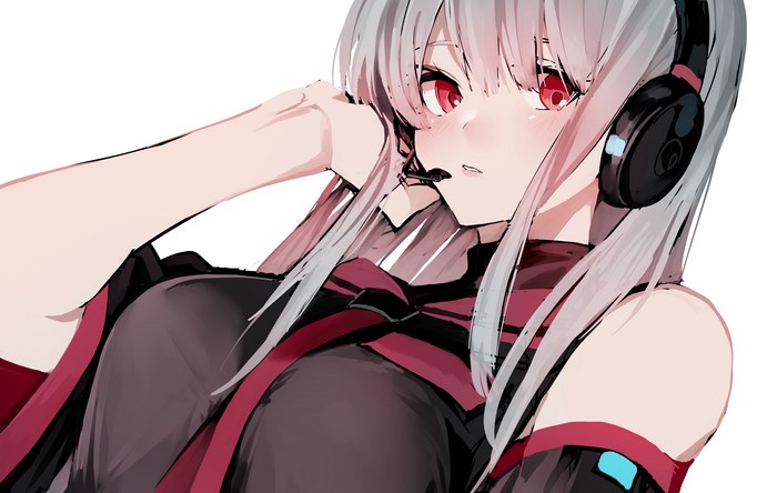 Anime girl with headphones and red eyes