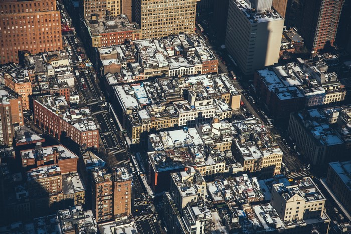 4K New York City cityscape with snow-covered buildings