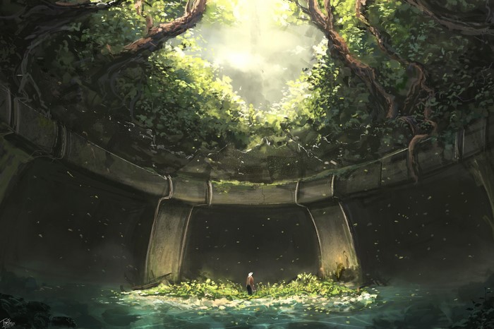 Ruined structure overgrown with forest and water