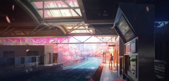 Anime girl on a train platform with cherry blossoms