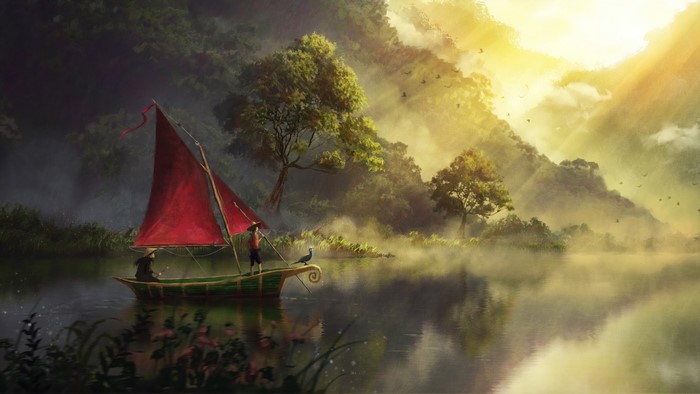 4K digital painting of a boat on a misty river at sunrise