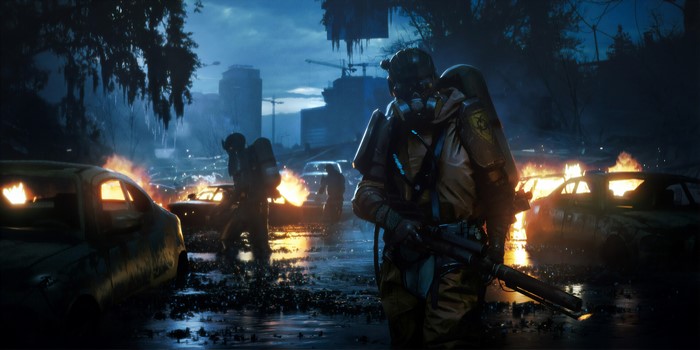 Apocalyptic cityscape with soldiers in gas masks and burning cars