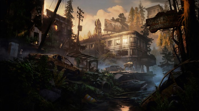 Apocalyptic town with abandoned cars and a deer