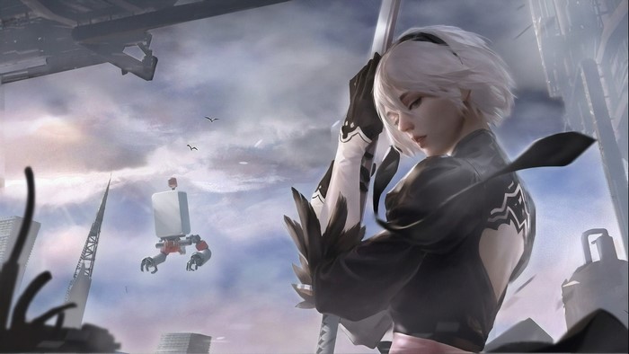 2B from Nier: Automata with a robot and cityscape
