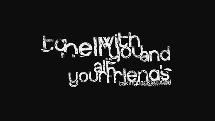 Text: tune in with all your friends Taking Back Sunday