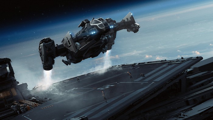 Cutlass Black spaceship landing on a platform in space