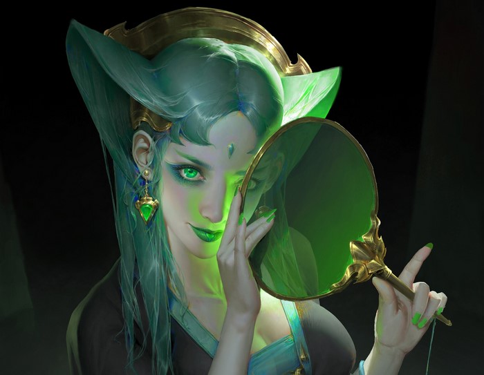 Fantasy girl with green hair and eyes holding a mirror