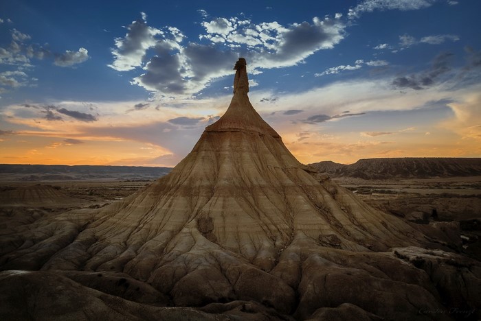 Desert landscape with rock formation at sunset in Spain