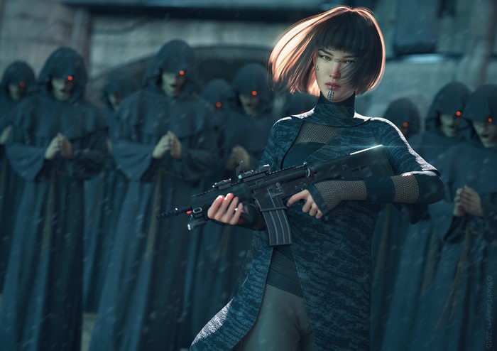 Woman with rifle and hooded figures