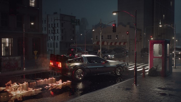DeLorean Time Machine in a Rainy City Street