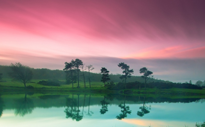 Pink sky over a lake with trees and reflections