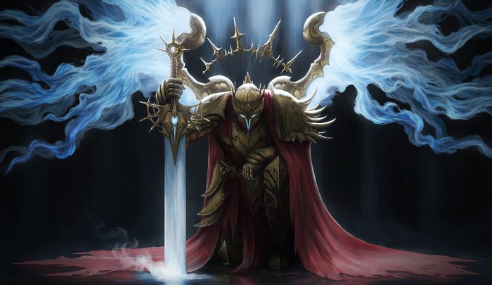 Golden armored warrior with sword and wings