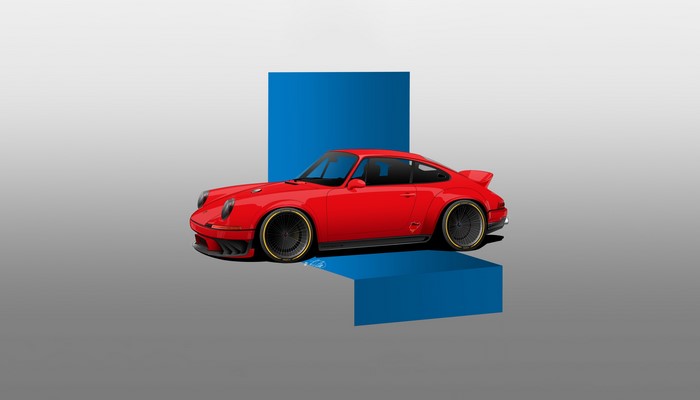 Red Porsche car on a blue platform