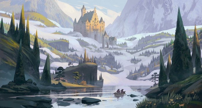 Fantasy castle in snowy mountains with a rowboat on a river