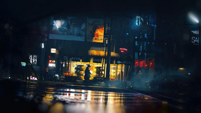 Rainy night in an Asian city with neon signs