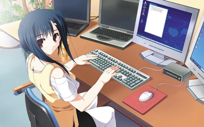 Anime girl at a computer desk with multiple monitors