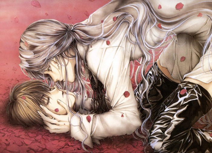 Anime couple with long hair and roses