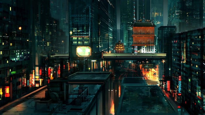Cyberpunk city skyline at night with neon lights
