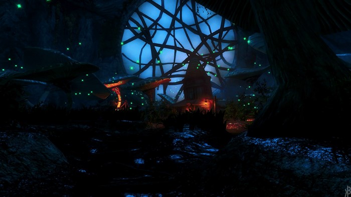 The Elder Scrolls V: Skyrim screenshot of a dark cave with glowing flora