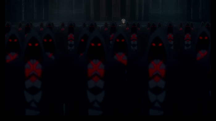 A man stands before an army of hooded figures with red eyes
