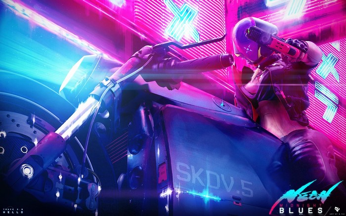Woman in futuristic armor on a motorcycle